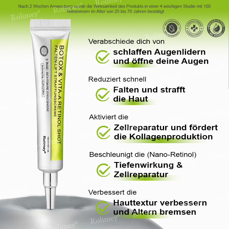 Rolimey® Botox & Vita-A Retinol Shot Falten-Lift Straffungscreme🇩🇪Jetzt jugendliche Haut zurückgewinnen